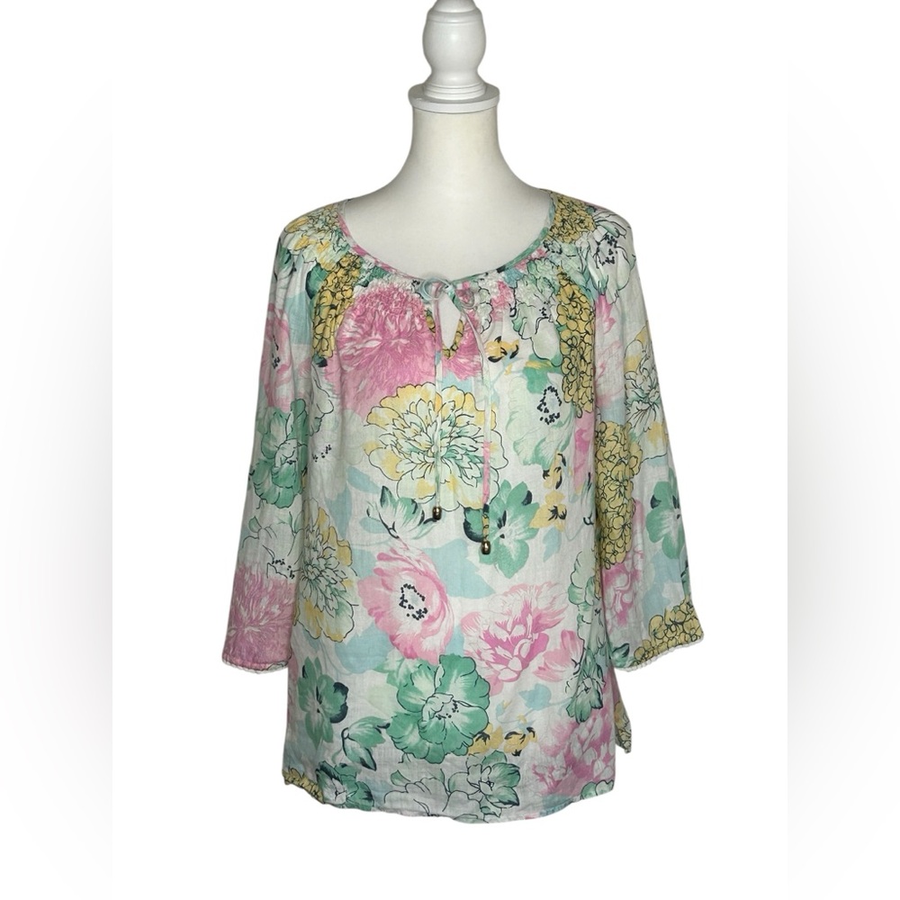 Charter Club Luxury Linen floral peasant blouse sz M 3/4 sleeve EUC Cottagecore